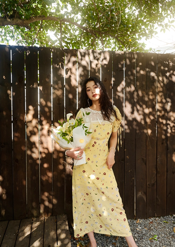 Cute A Line Puff Print Floral Lace Yellow Chiffon Summer Dress Party Dress Outfits HZ1023